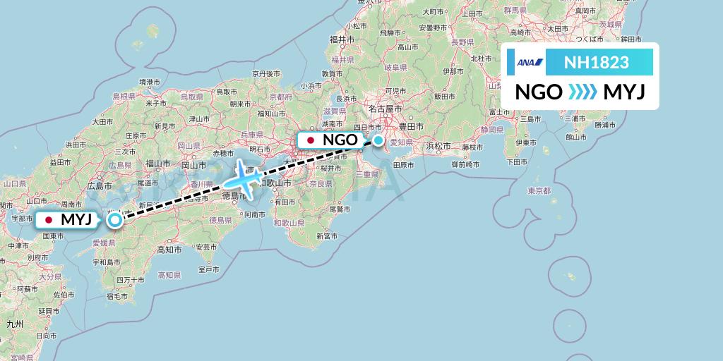 NH1823 All Nippon Airways Flight Map: Nagoya to Matsuyama