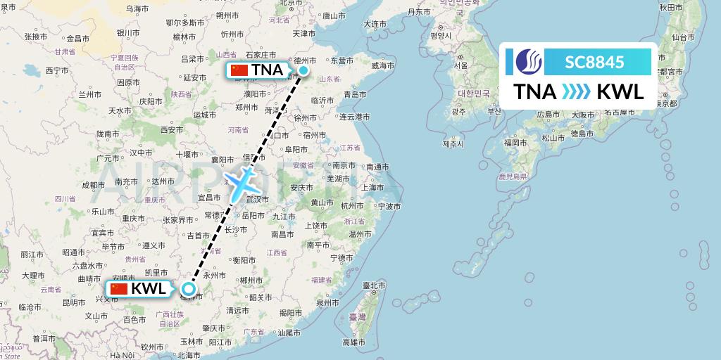 SC8845 Shandong Airlines Flight Map: Jinan to Guilin
