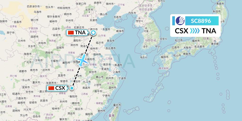 SC8896 Shandong Airlines Flight Map: Changsha to Jinan