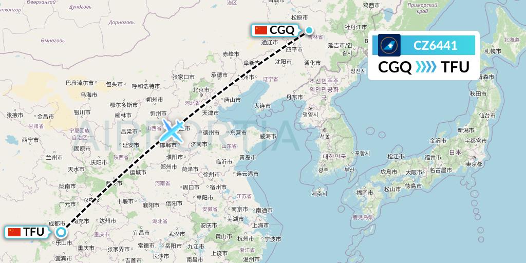 CZ6441 China Southern Airlines Flight Map: Changchun to Chengdu