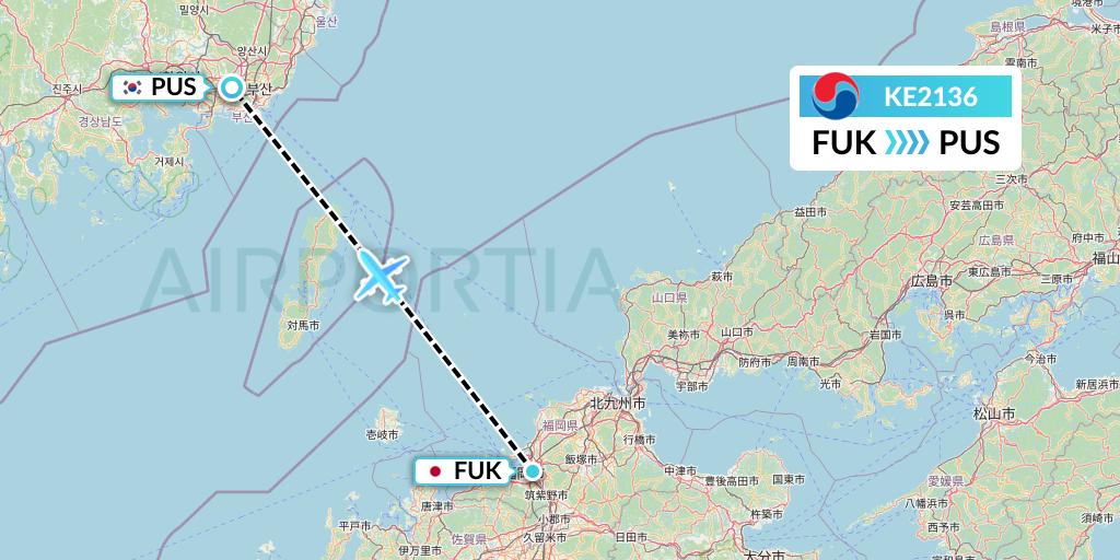KE2136 Korean Air Flight Map: Fukuoka to Busan