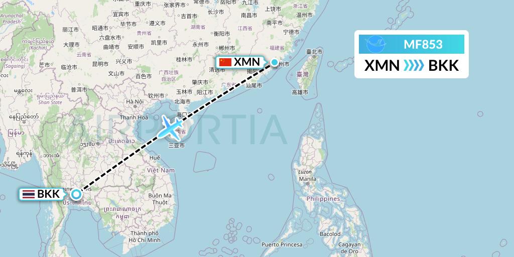 MF853 Xiamen Airlines Flight Map: Xiamen to Bangkok