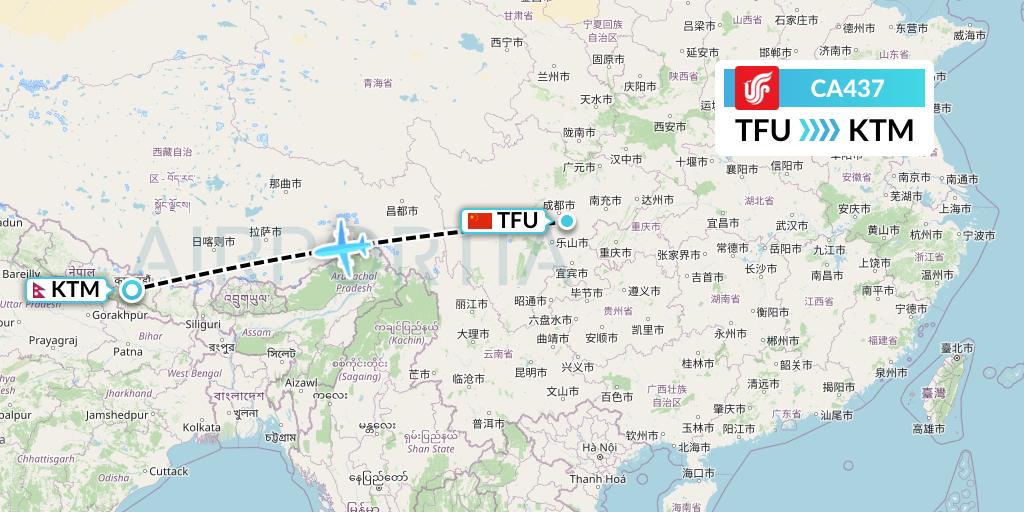 CA437 Air China Flight Map: Chengdu to Kathmandu