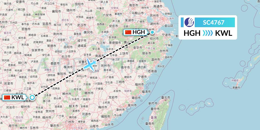 SC4767 Shandong Airlines Flight Map: Hangzhou to Guilin
