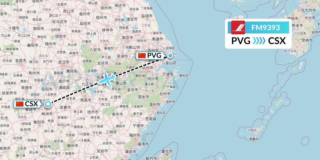 FM9393 Shanghai Airlines Flight Map: Shanghai to Changsha