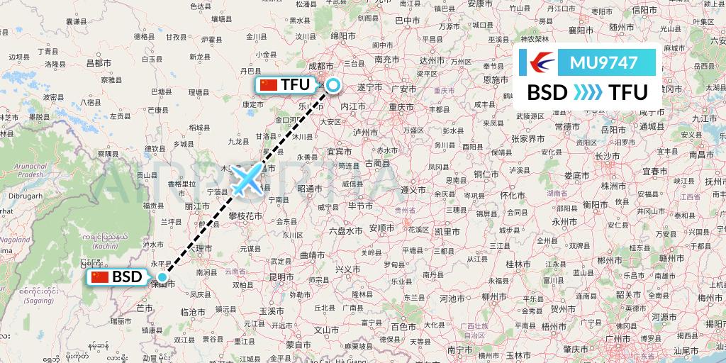 MU9747 China Eastern Airlines Flight Map: Baoshan to Chengdu
