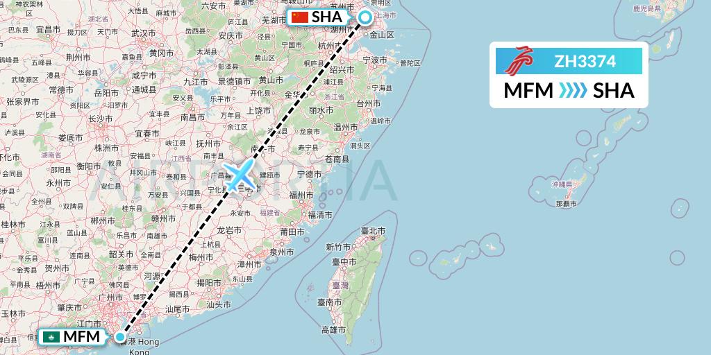 ZH3374 Shenzhen Airlines Flight Map: Macau to Shanghai