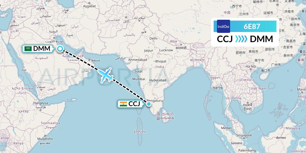 6E87 IndiGo Airlines Flight Map: Kozhikode to Dammam