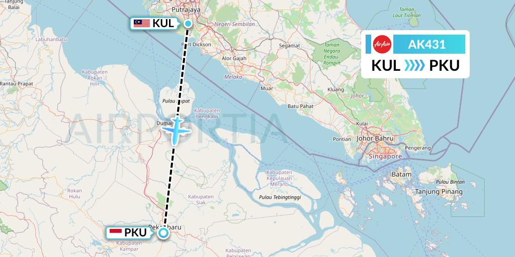 AK431 AirAsia Flight Map: Kuala Lumpur to Pekanbaru