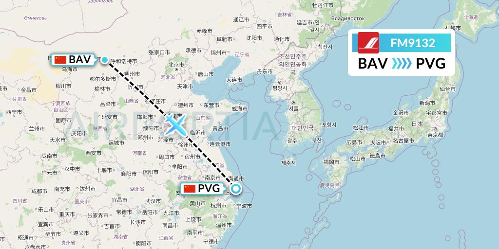 FM9132 Shanghai Airlines Flight Map: Baotou to Shanghai