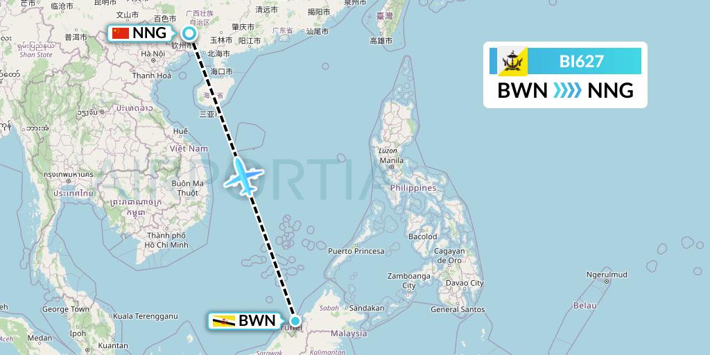BI627 Royal Brunei Airlines Flight Map: Brunei to Nanning