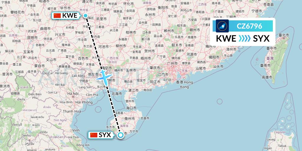 CZ6796 China Southern Airlines Flight Map: Guiyang to Sanya