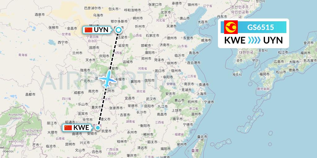 GS6515 Tianjin Airlines Flight Map: Guiyang to Yulin