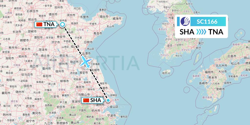 SC1166 Shandong Airlines Flight Map: Shanghai to Jinan