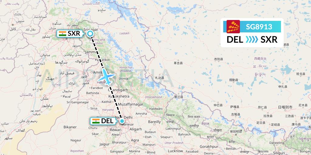 SG8913 SpiceJet Flight Map: Delhi to Srinagar