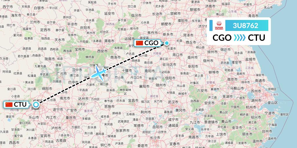 3U8762 Sichuan Airlines Flight Map: Zhengzhou to Chengdu