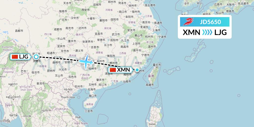 JD5650 Capital Airlines Flight Map: Xiamen to Lijiang