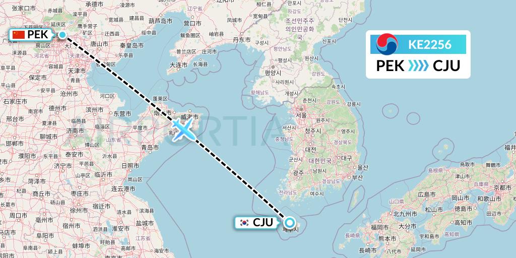 KE2256 Korean Air Flight Map: Beijing to Jeju