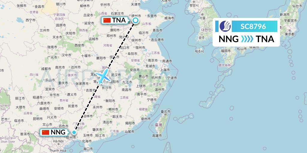 SC8796 Shandong Airlines Flight Map: Nanning to Jinan