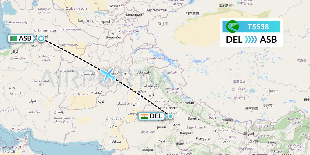T5538 Turkmenistan Airlines Flight Map: Delhi to Ashgabat