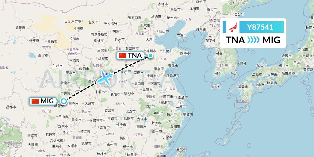 Y87541 Yangtze River Express Flight Map: Jinan to Mianyang