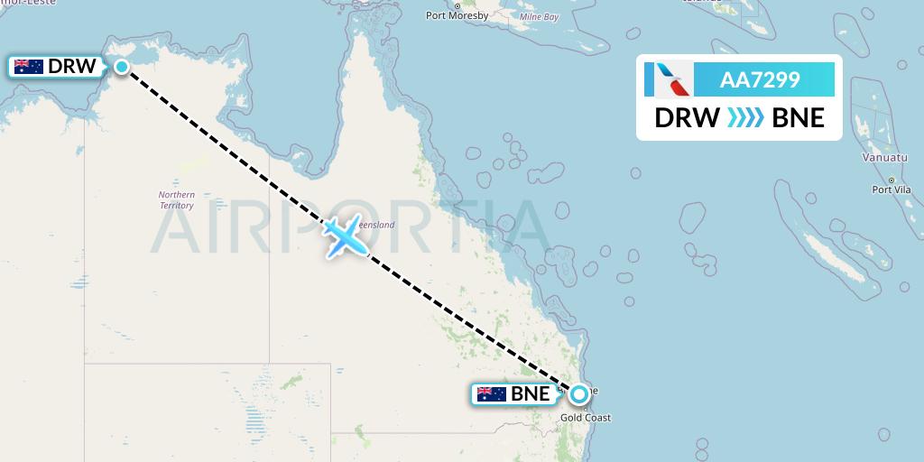 AA7299 American Airlines Flight Map: Darwin to Brisbane