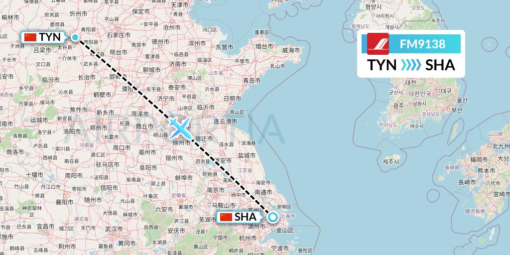 FM9138 Shanghai Airlines Flight Map: Taiyuan to Shanghai