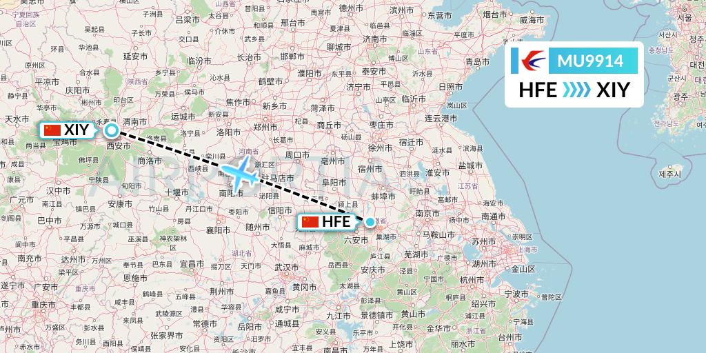 MU9914 China Eastern Airlines Flight Map: Hefei to Xi'an