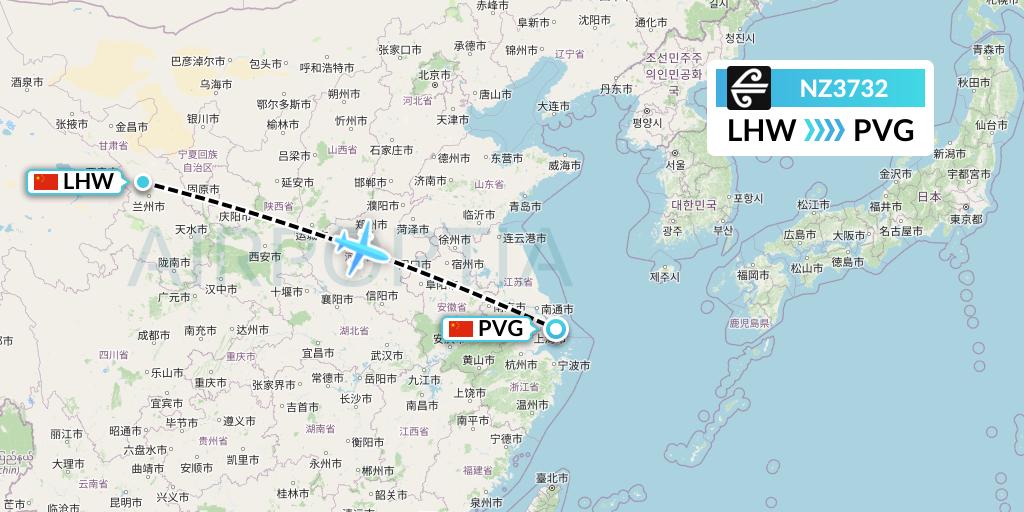 NZ3732 Air New Zealand Flight Map: Lanzhou to Shanghai