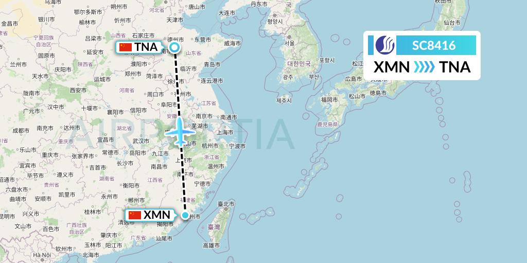 SC8416 Shandong Airlines Flight Map: Xiamen to Jinan