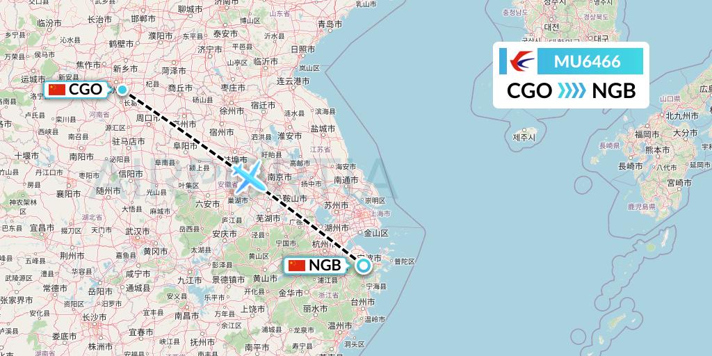 MU6466 China Eastern Airlines Flight Map: Zhengzhou to Ningbo