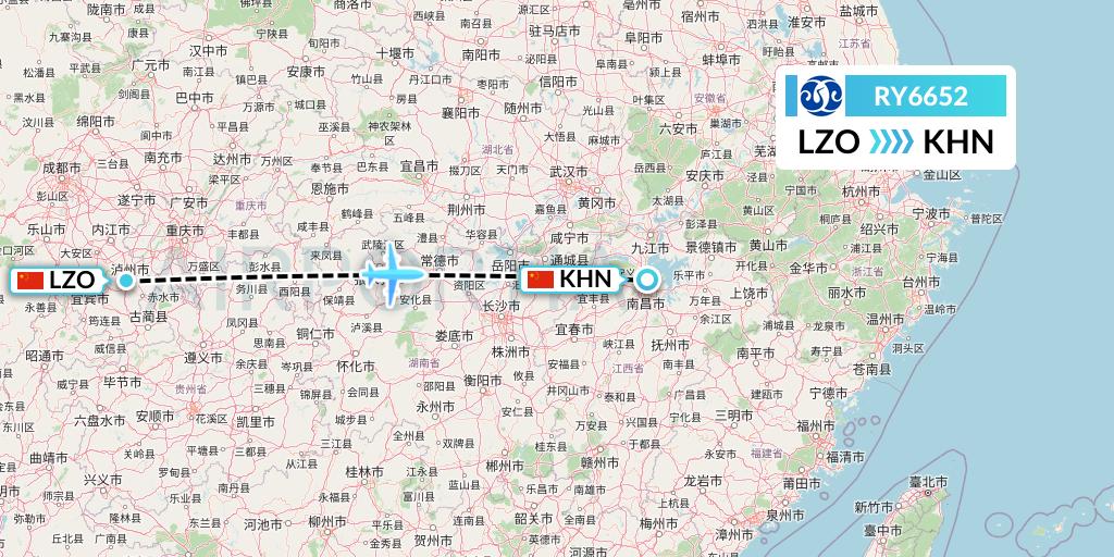 RY6652 Jiangxi Air Flight Map: Luzhou to Nanchang