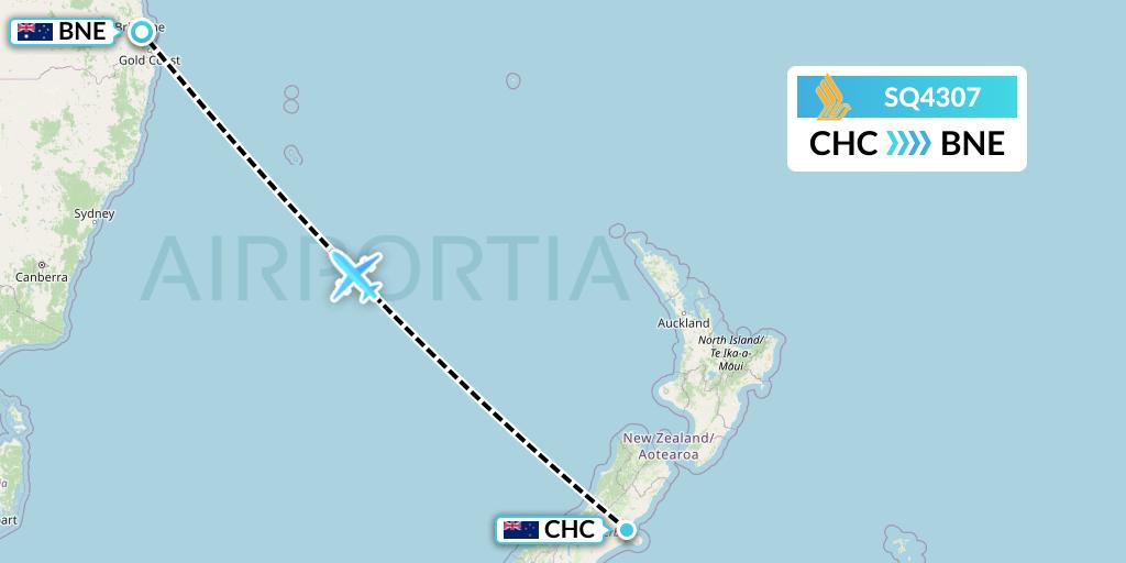 SQ4307 Singapore Airlines Flight Map: Christchurch to Brisbane