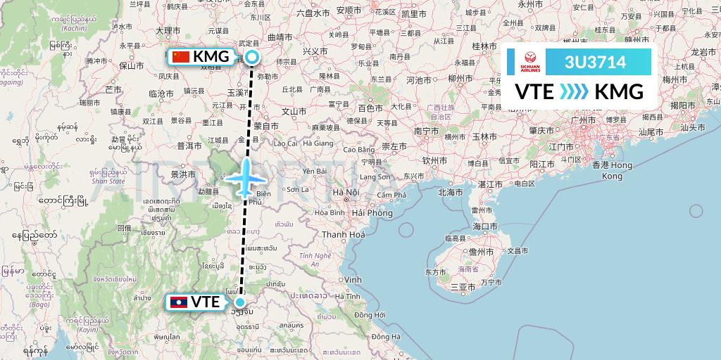 3U3714 Sichuan Airlines Flight Map: Vientiane to Kunming