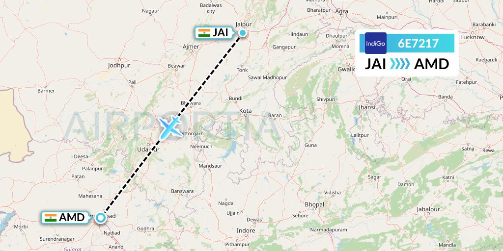 6E7217 IndiGo Airlines Flight Map: Jaipur to Ahmedabad