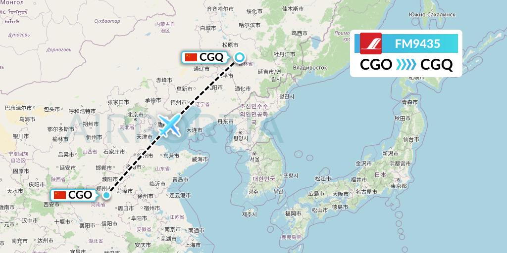 FM9435 Shanghai Airlines Flight Map: Zhengzhou to Changchun