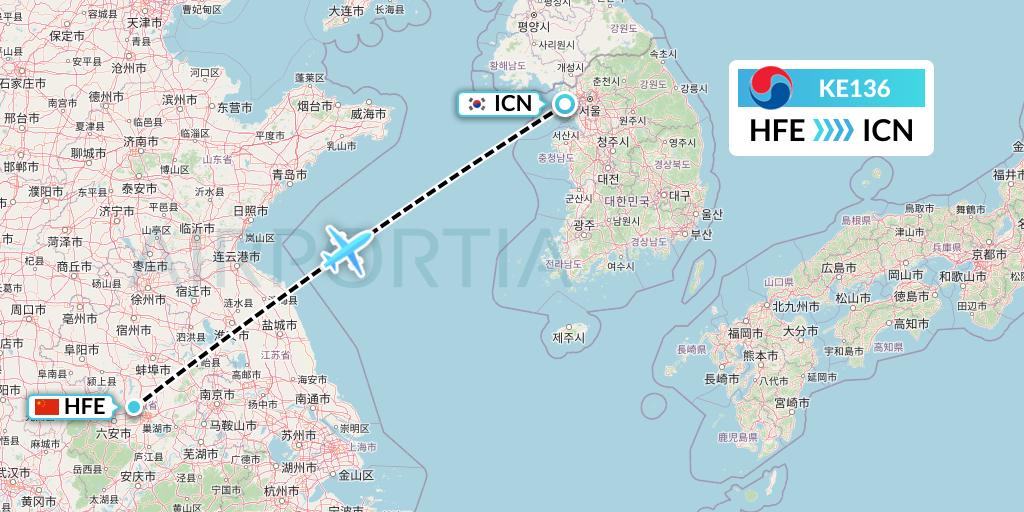 KE136 Korean Air Flight Map: Hefei to Seoul