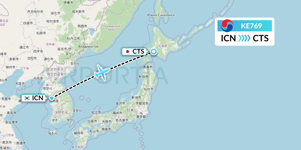 KE769 Korean Air Flight Map: Seoul to Sapporo