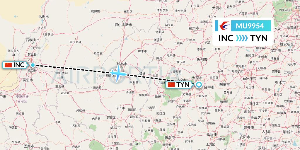 MU9954 China Eastern Airlines Flight Map: Yinchuan to Taiyuan