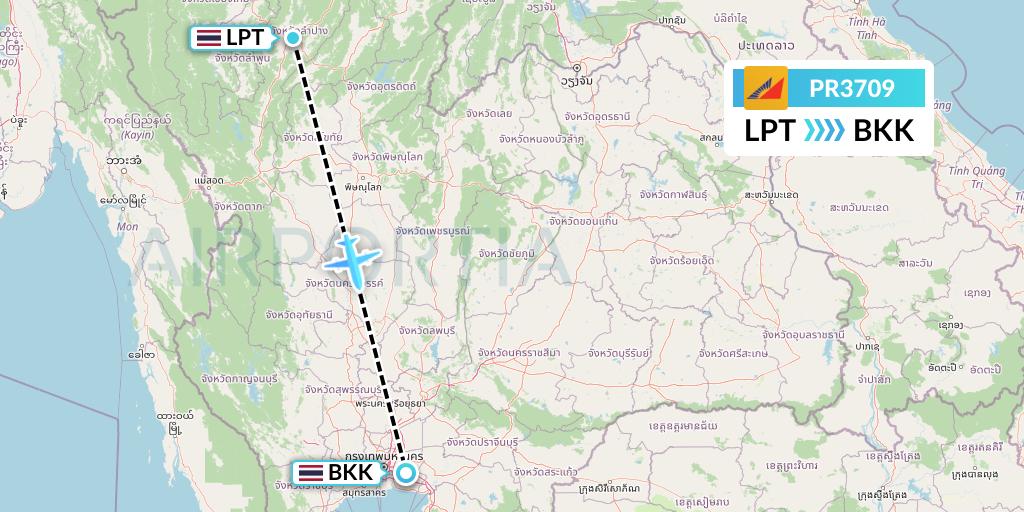PR3709 Philippine Airlines Flight Map: Lampang to Bangkok
