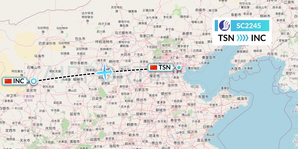 SC2245 Shandong Airlines Flight Map: Tianjin to Yinchuan