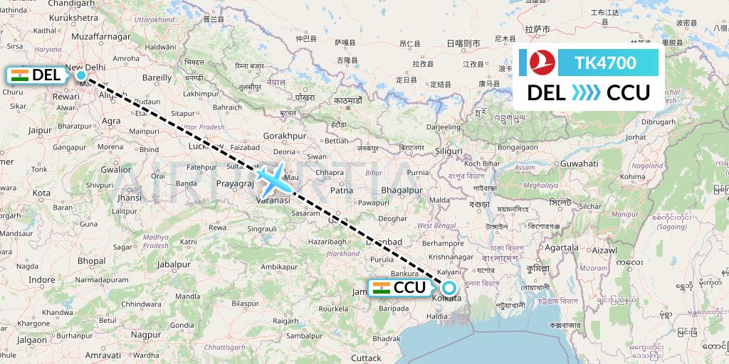 TK4700 Turkish Airlines Flight Map: Delhi to Kolkata