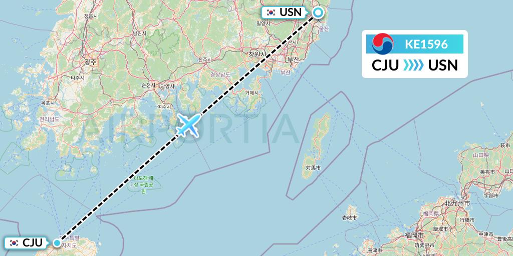 KE1596 Korean Air Flight Map: Jeju to Ulsan