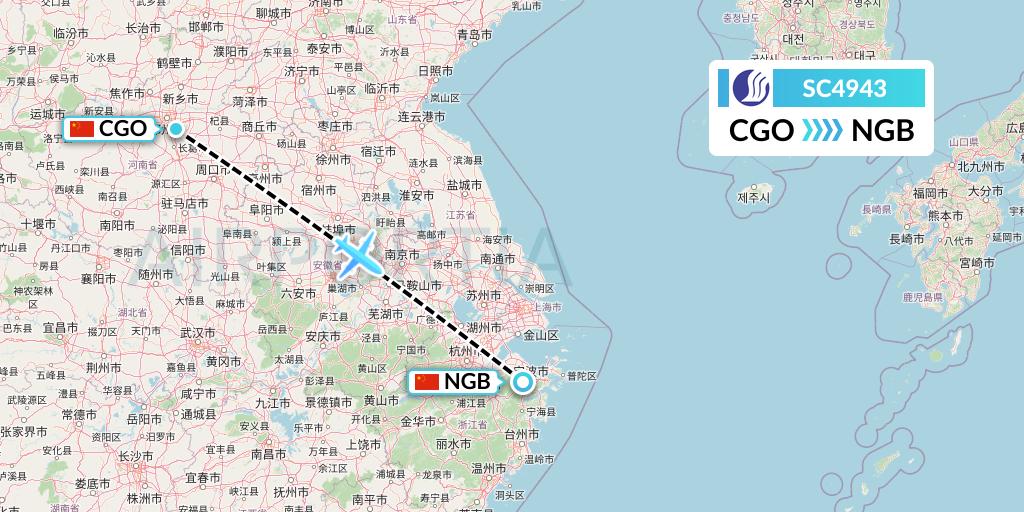 SC4943 Shandong Airlines Flight Map: Zhengzhou to Ningbo
