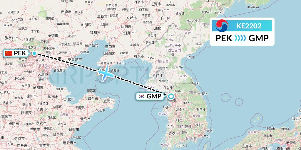 KE2202 Korean Air Flight Map: Beijing to Seoul