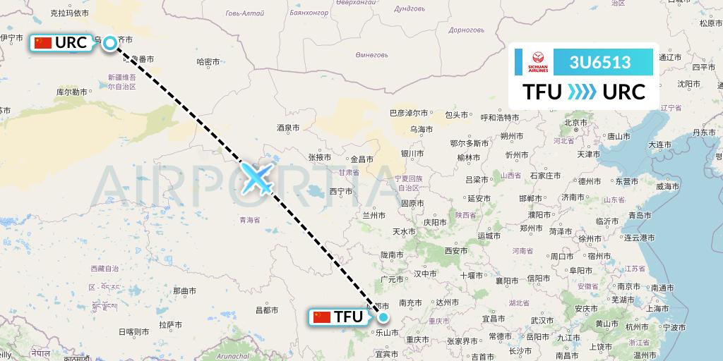3U6513 Sichuan Airlines Flight Map: Chengdu to Urumqi
