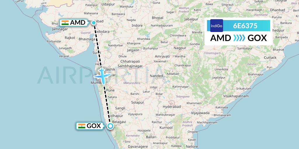 6E6375 IndiGo Airlines Flight Map: Ahmedabad to Goa