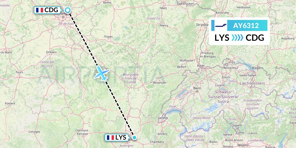 AY6312 Finnair Flight Map: Lyon to Paris
