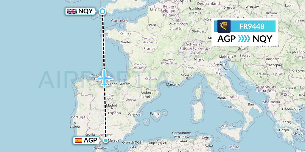 FR9448 Ryanair Flight Map: Malaga to Newquay