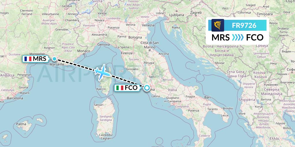 FR9726 Ryanair Flight Map: Marseille to Rome
